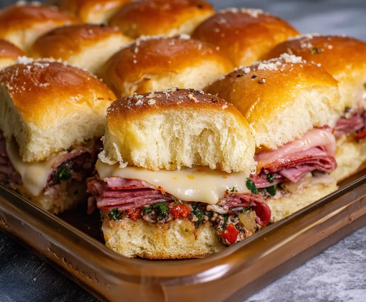 Delicious Muffuletta Sliders with layers of cold cuts, cheese, and marinated vegetables on slider buns.
