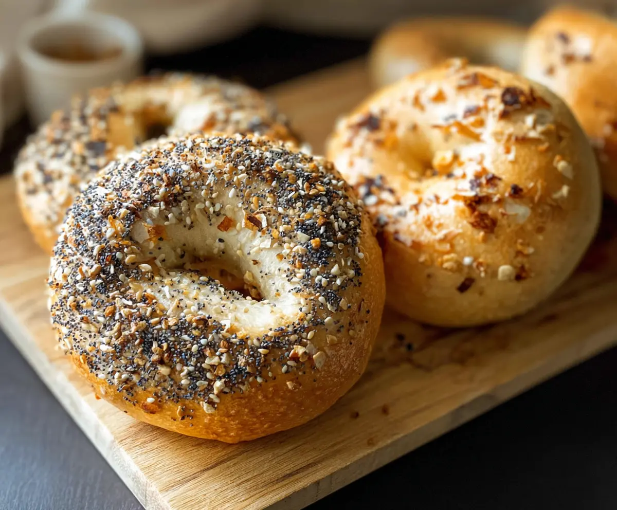 Delicious New York Style Sourdough Discard Bagels on a rustic wooden board with sesame seeds.