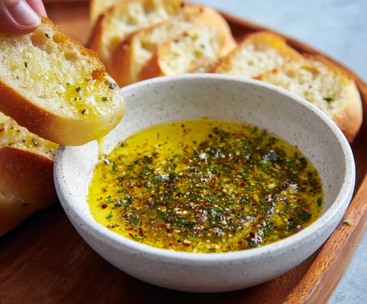 Delicious olive oil bread dip served in a rustic ceramic bowl, perfect for dipping fresh bread slices.