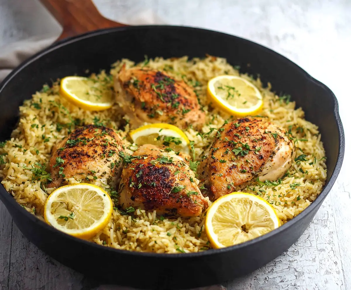 Delicious One Pan Lemon Herb Chicken and Rice recipe served on a white plate with fresh herbs