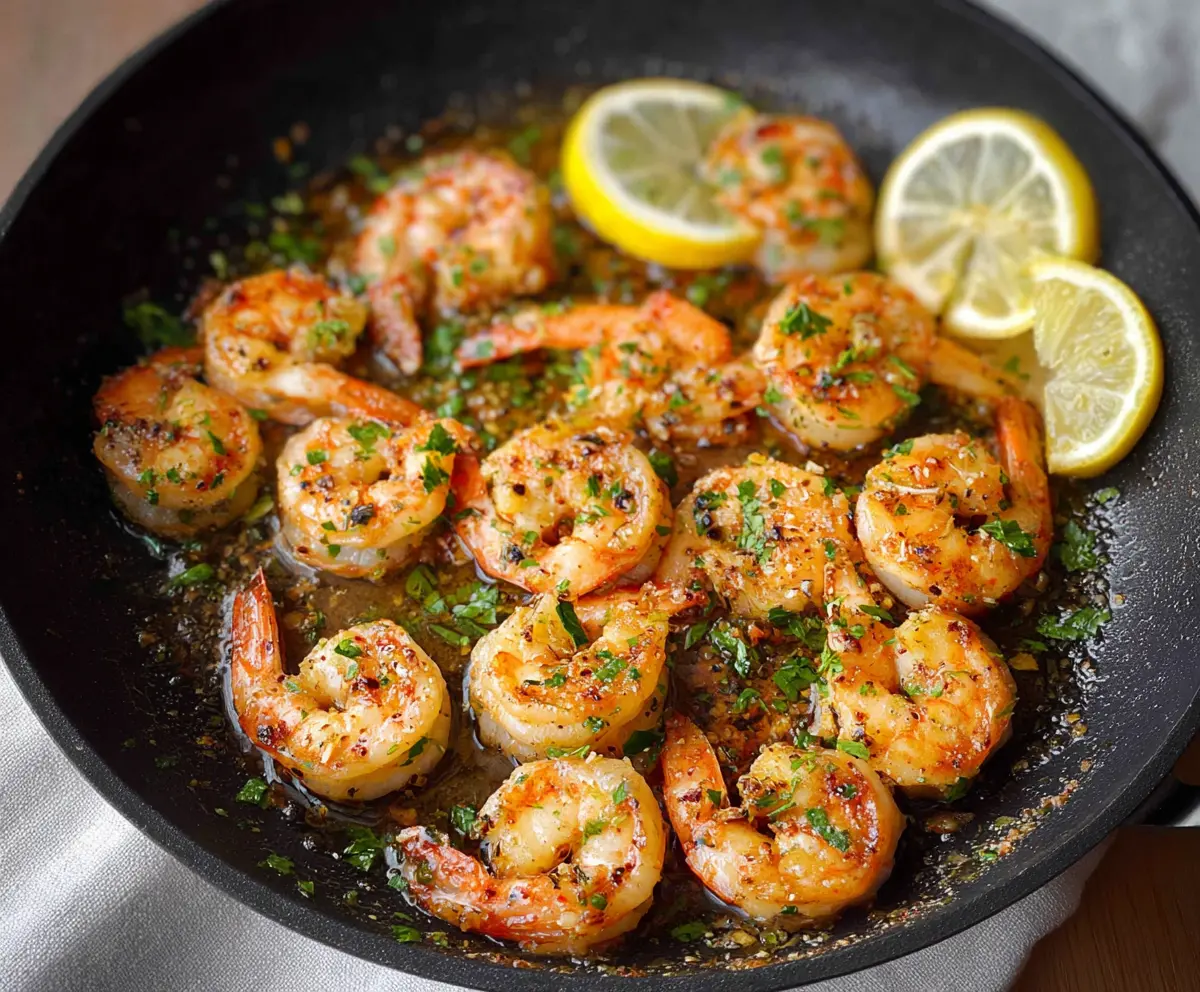 Delicious pan-seared lemon garlic shrimp served on a plate, garnished with fresh herbs.
