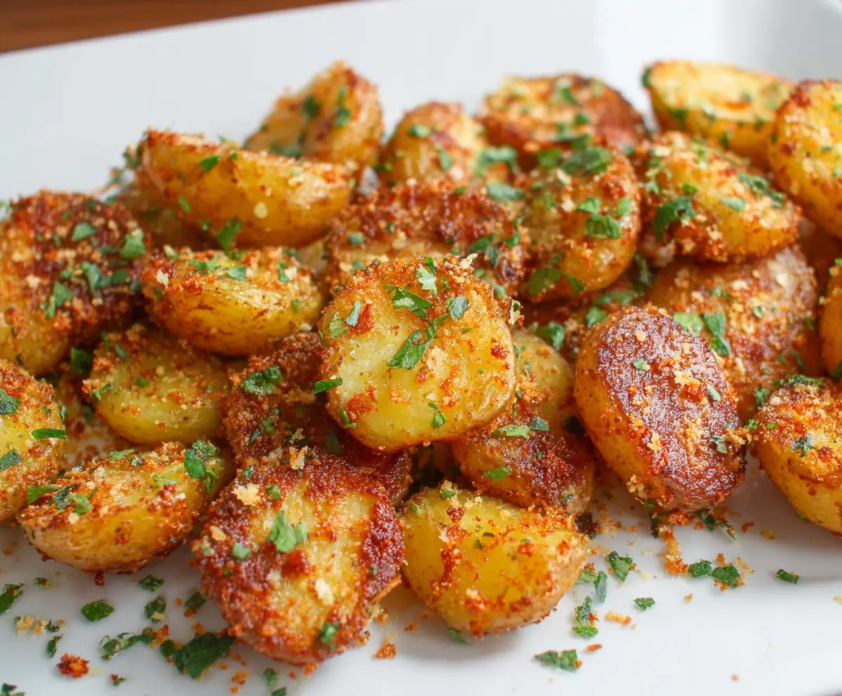 Golden Parmesan crusted baby potatoes served on a rustic plate, perfect for a flavorful side dish.