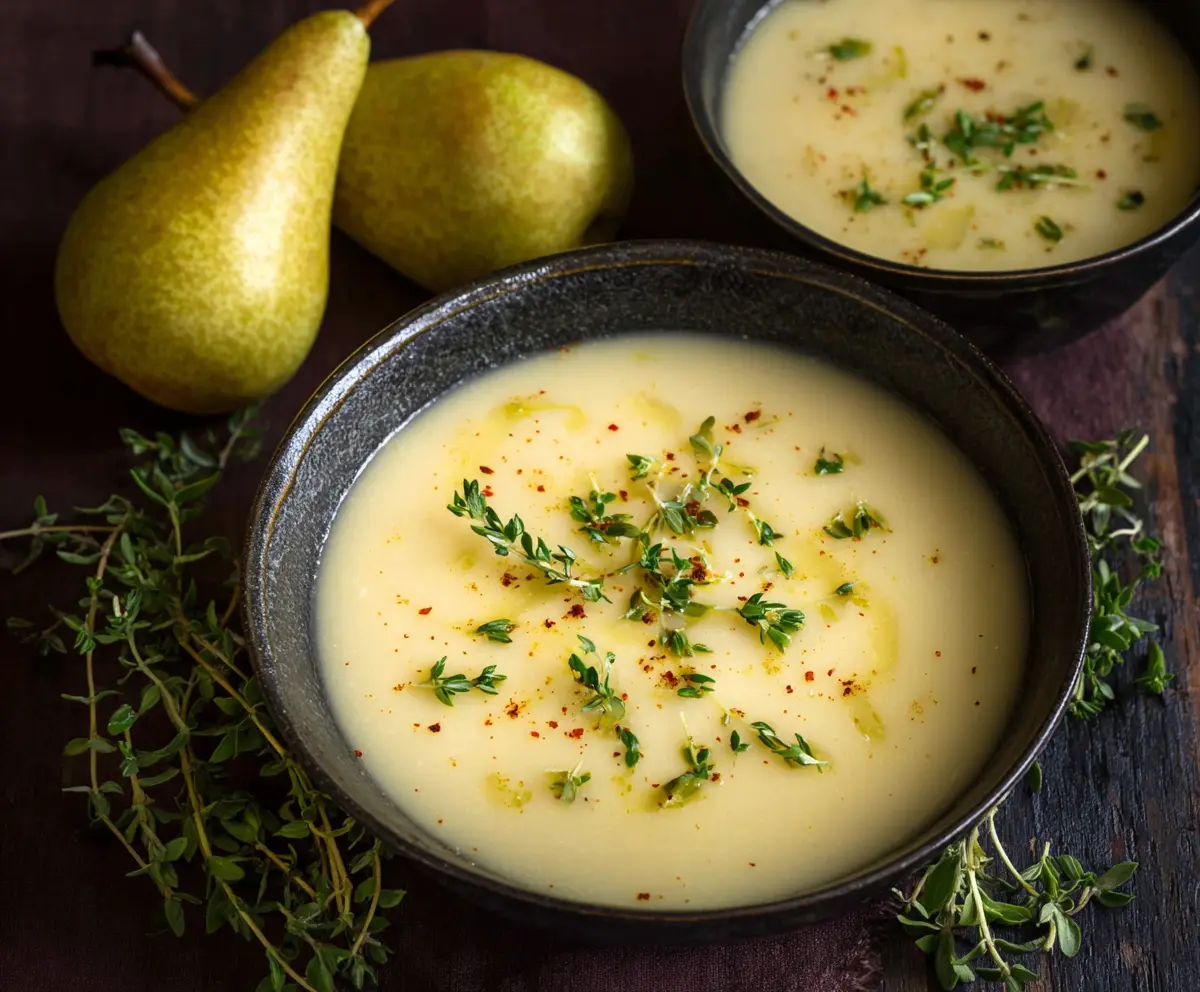 Delicious pear potato soup garnished with fresh pears and herbs in a cozy bowl.