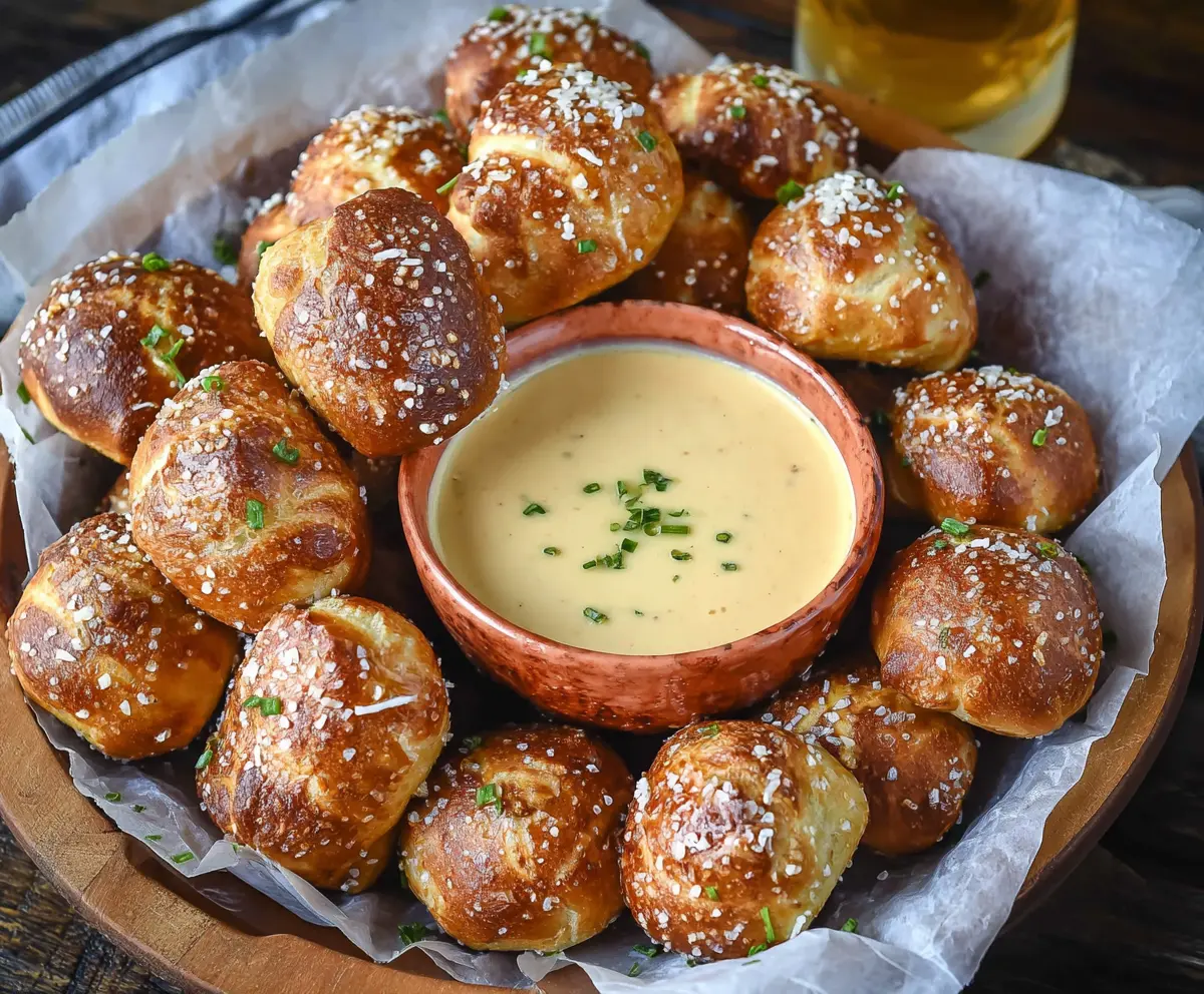 Golden pretzel bites served with a creamy beer cheese dip, perfect for snacks and parties.