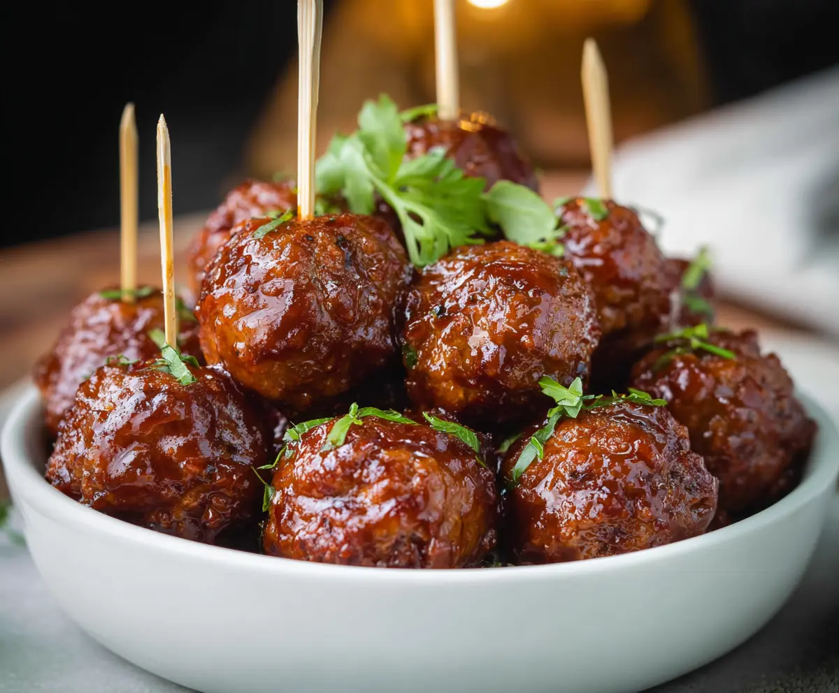 Juicy raspberry chipotle meatballs garnished with fresh herbs on a white plate, perfect for appetizer or main course.