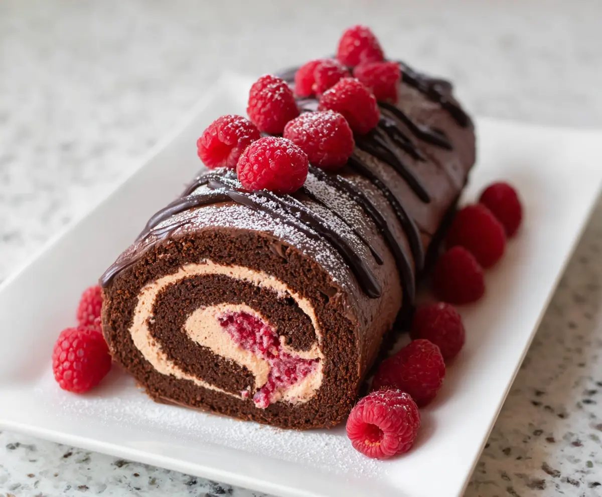 Delicious raspberry chocolate Swiss roll with fresh berries and rich chocolate filling.