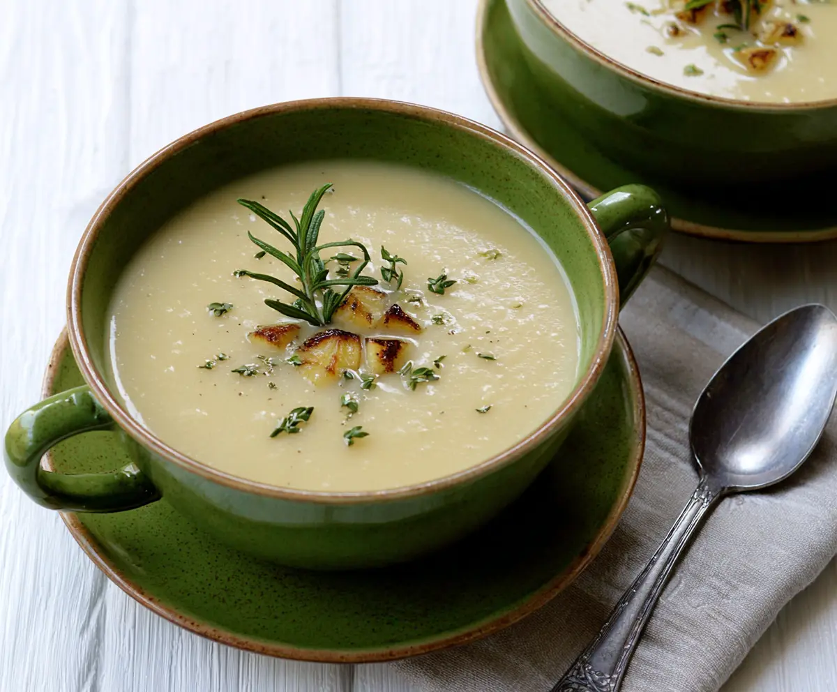 Creamy roasted garlic and leek potato soup served in a bowl, garnished with fresh herbs.