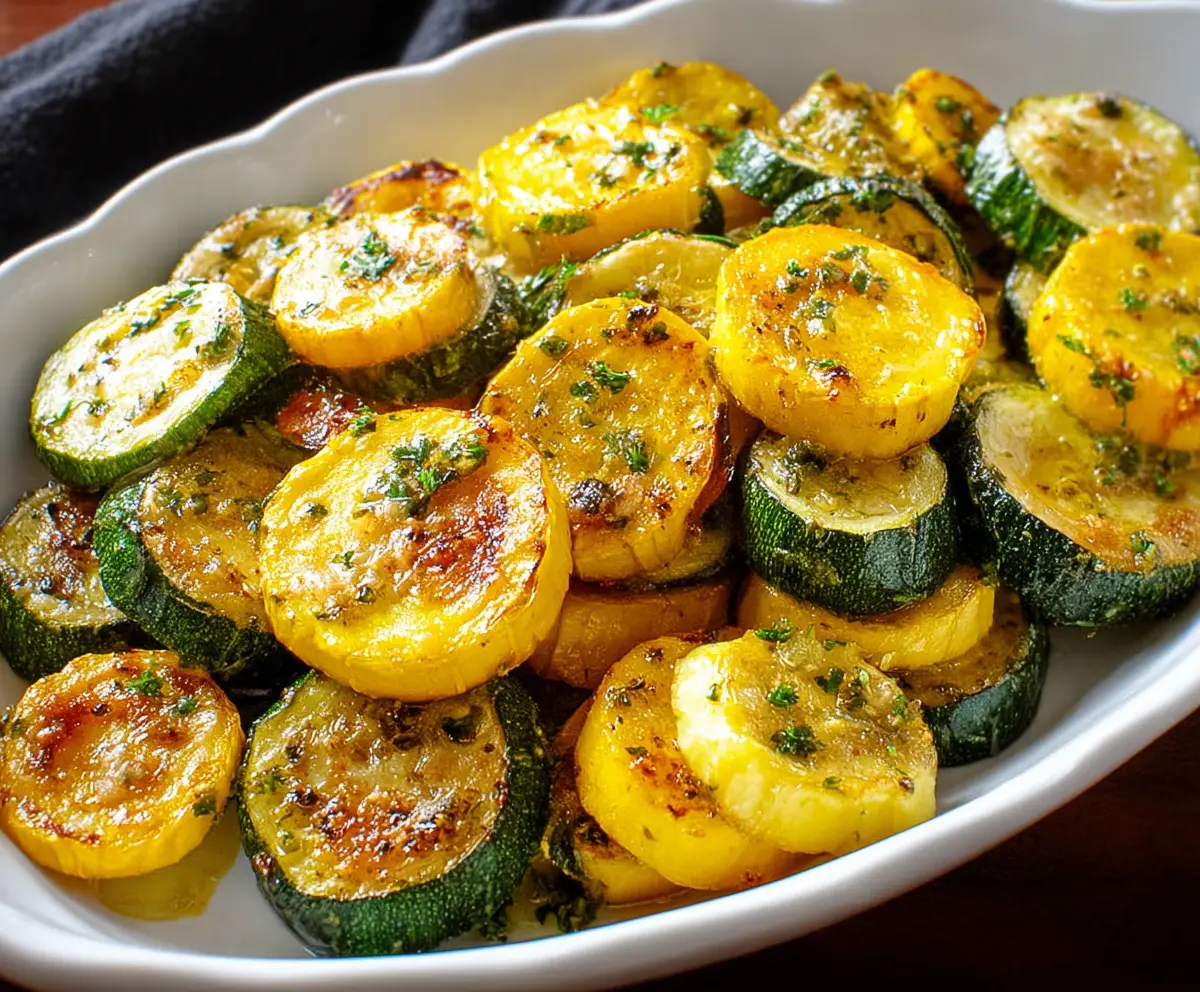 Delicious roasted zucchini and squash with herbs on a baking sheet