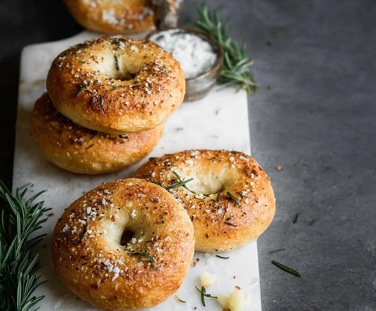 Golden rosemary bagels with fresh herbs on a rustic wooden board, perfect for breakfast or snacks.