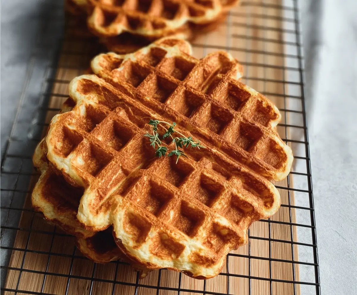 Delicious savory sourdough cheese waffles on a plate, crispy and golden, perfect for breakfast or brunch.