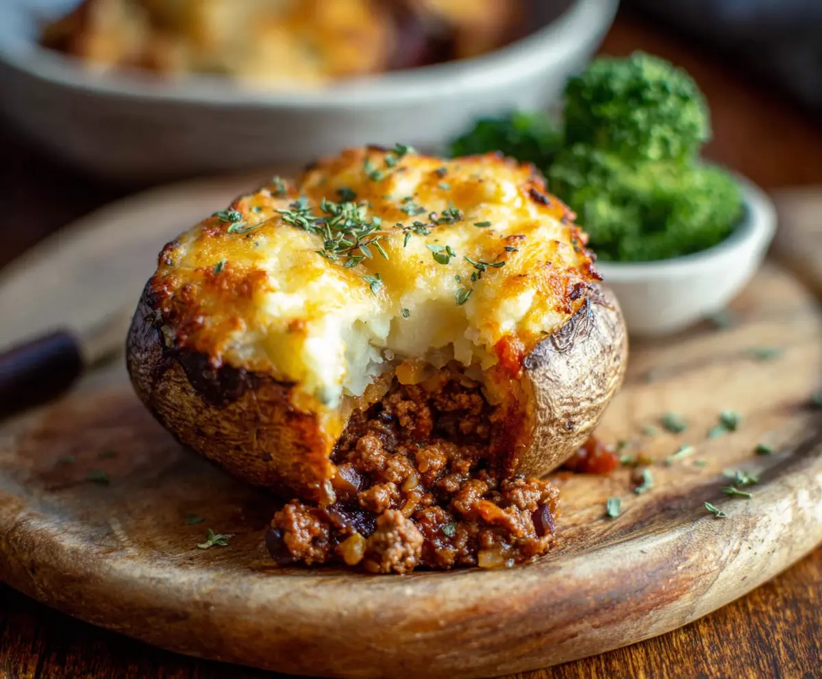 Delicious Shepherd's Pie Baked Potatoes topped with melted cheese and savory meat filling.