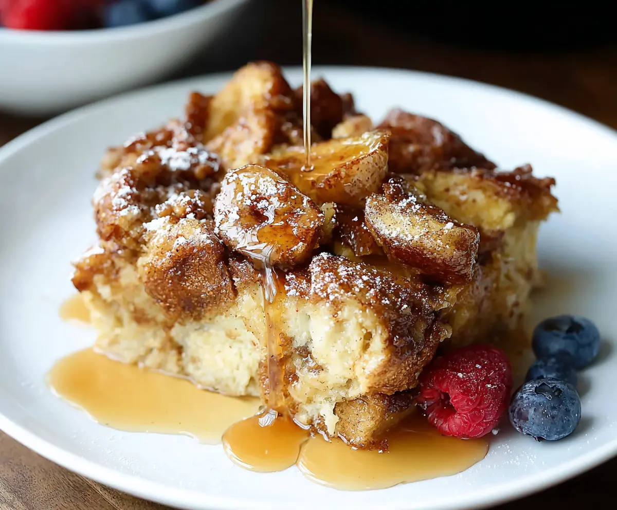Delicious slow cooker French toast casserole topped with fresh berries and syrup.