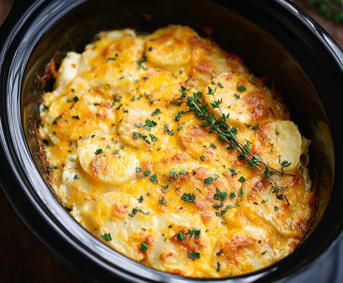 Delicious slow cooker scalloped potatoes topped with cheese, served as a comforting side dish.