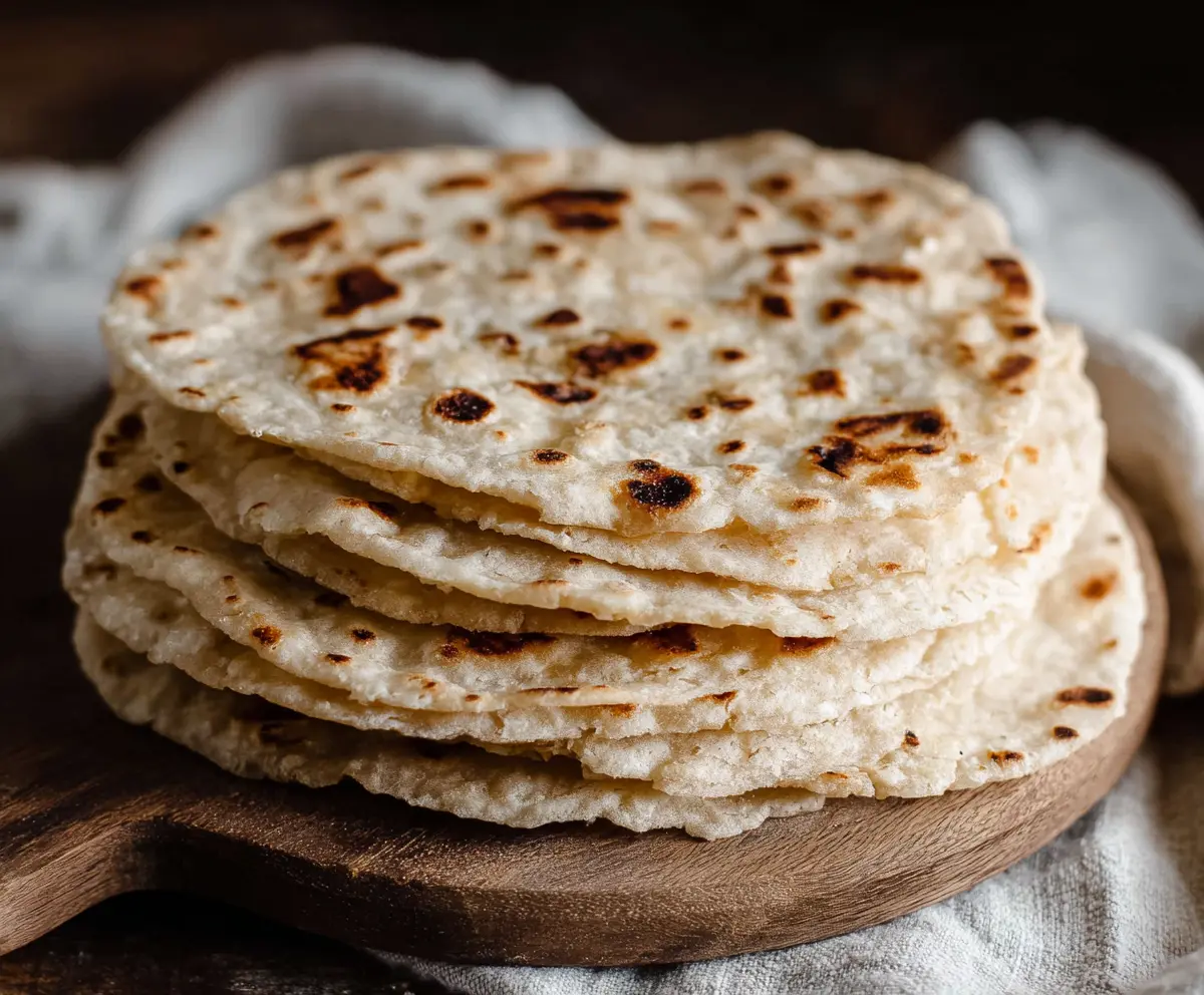 Homemade sourdough discard tortillas stacked on a wooden surface for a delicious recipe.