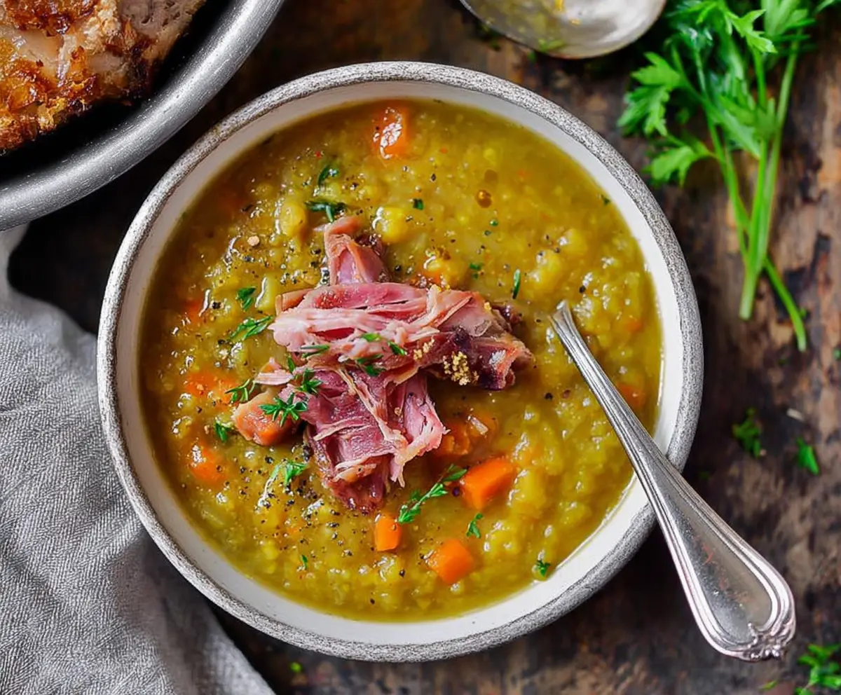 Delicious homemade split pea soup with a hearty ham bone for rich flavor.