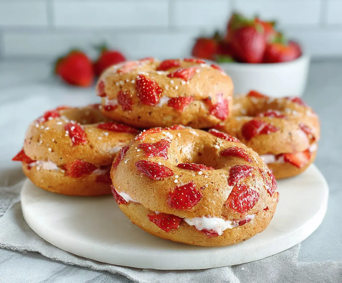 Freshly baked strawberry bagels topped with sliced strawberries and cream cheese on a rustic wooden platter.