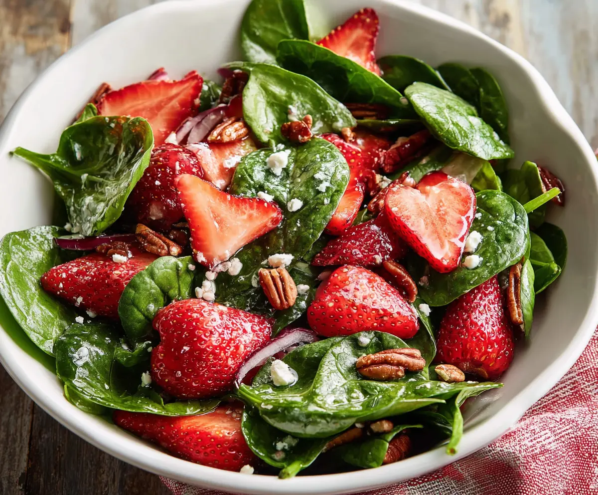 Fresh strawberry spinach salad with walnuts and feta cheese in a bowl, vibrant and healthy vegetarian dish.