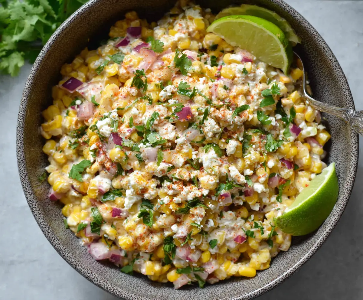 Fresh street corn salad topped with creamy Greek yogurt and chopped herbs.