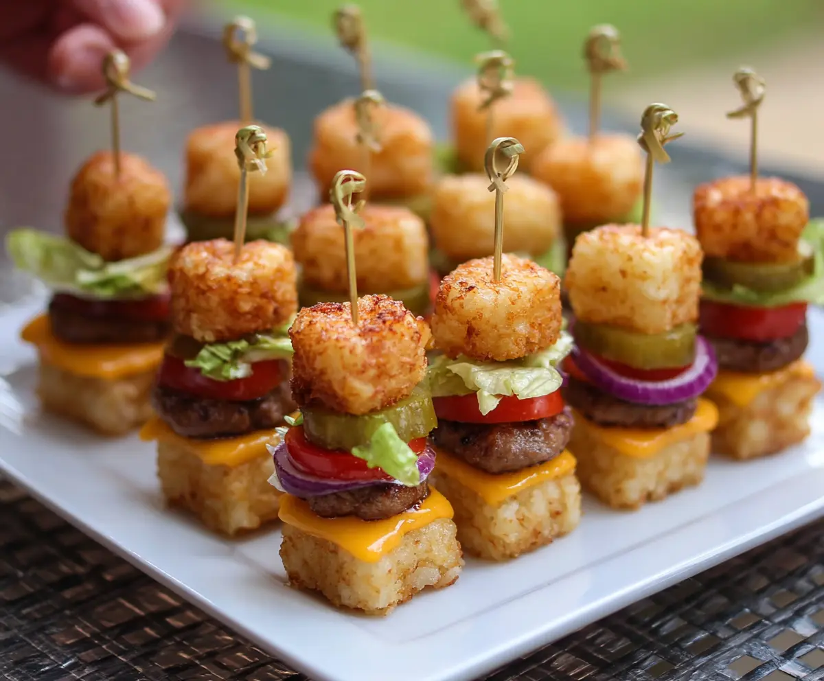 Delicious Tater Tot Mini Cheeseburger Bites served on a plate, crispy golden and topped with melted cheese and fresh toppings.
