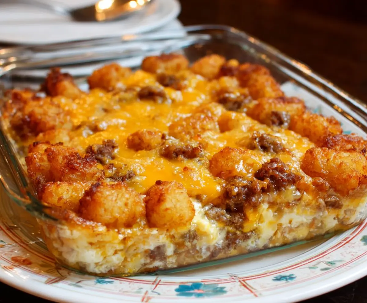 Delicious Tater Tot Sausage Breakfast Casserole with crispy tots, sausage, eggs, and cheese for a hearty morning meal.