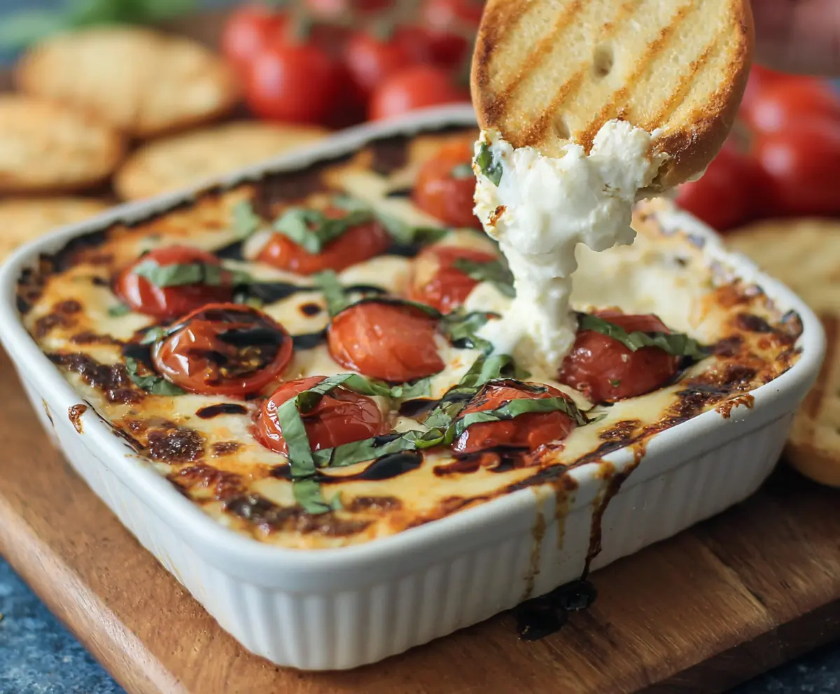 Creamy Tomato Mozzarella Caprese Dip served with fresh basil and balsamic glaze.