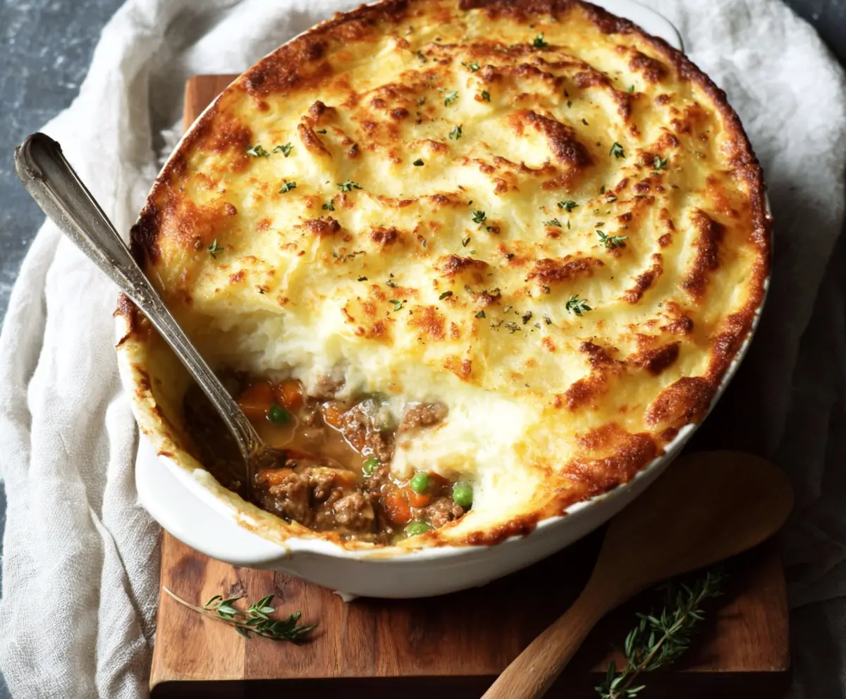 Delicious Turkey Shepherd's Pie topped with mashed potatoes and gravy
