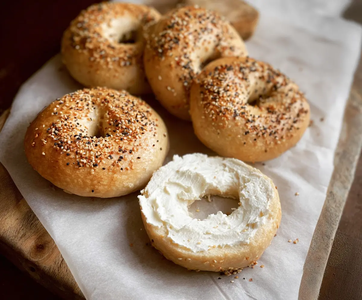 Delicious homemade vanilla Greek yogurt bagels on a baking tray, showing a golden-brown crust and soft interior.