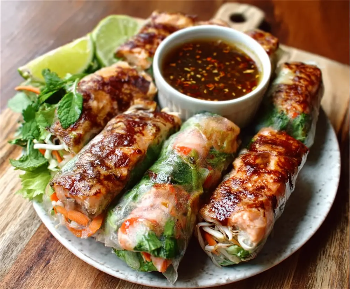 Vietnamese baked salmon spring rolls with fresh herbs and rice paper, served on a wooden platter.