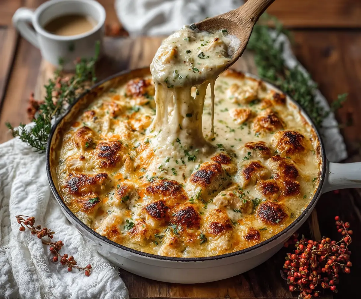 Delicious White Chicken Chili Cottage Cheese Winter Bake served hot in a baking dish.