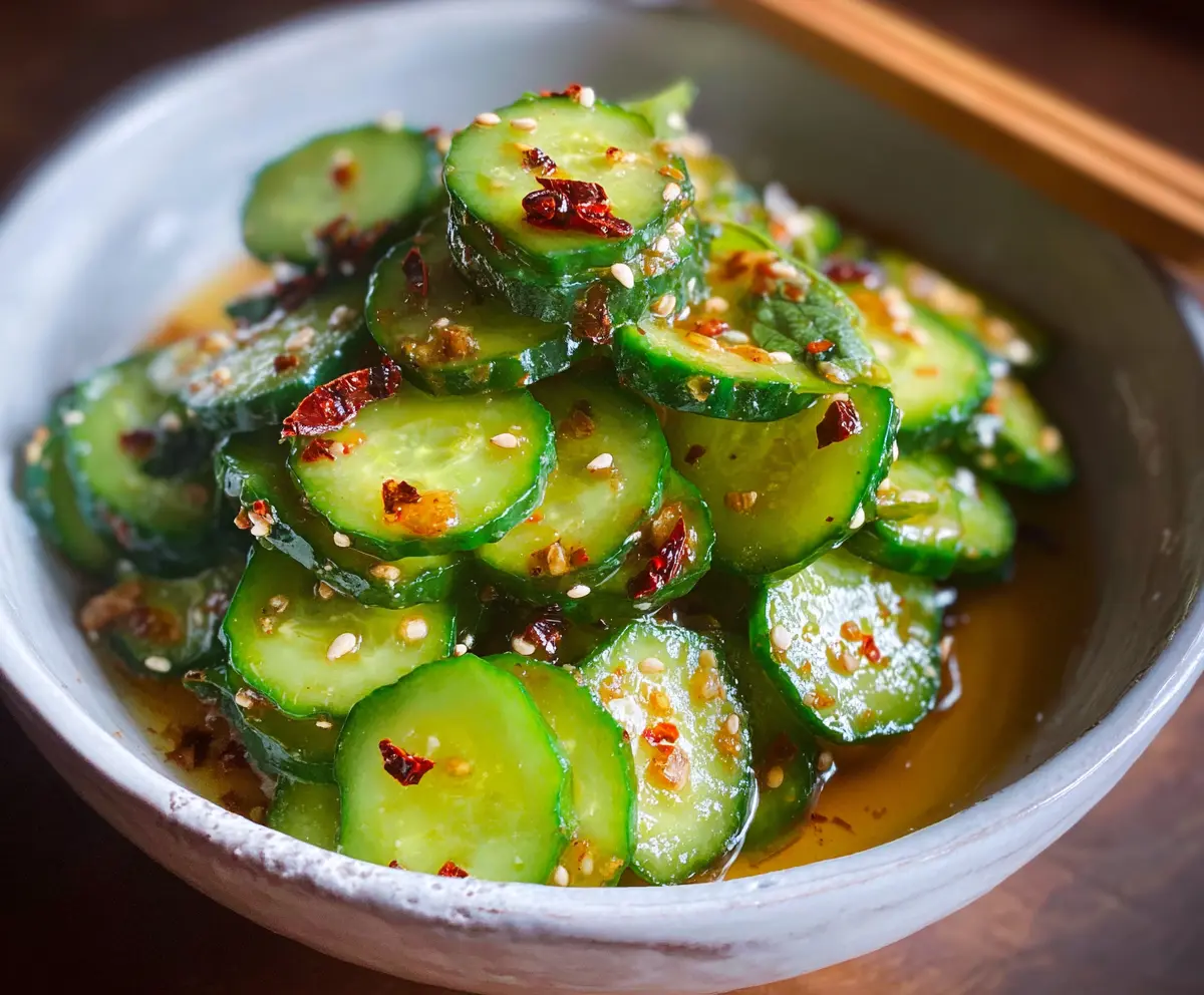 Fresh Asian cucumber salad with sliced cucumbers and herbs, perfect for a light and healthy meal.