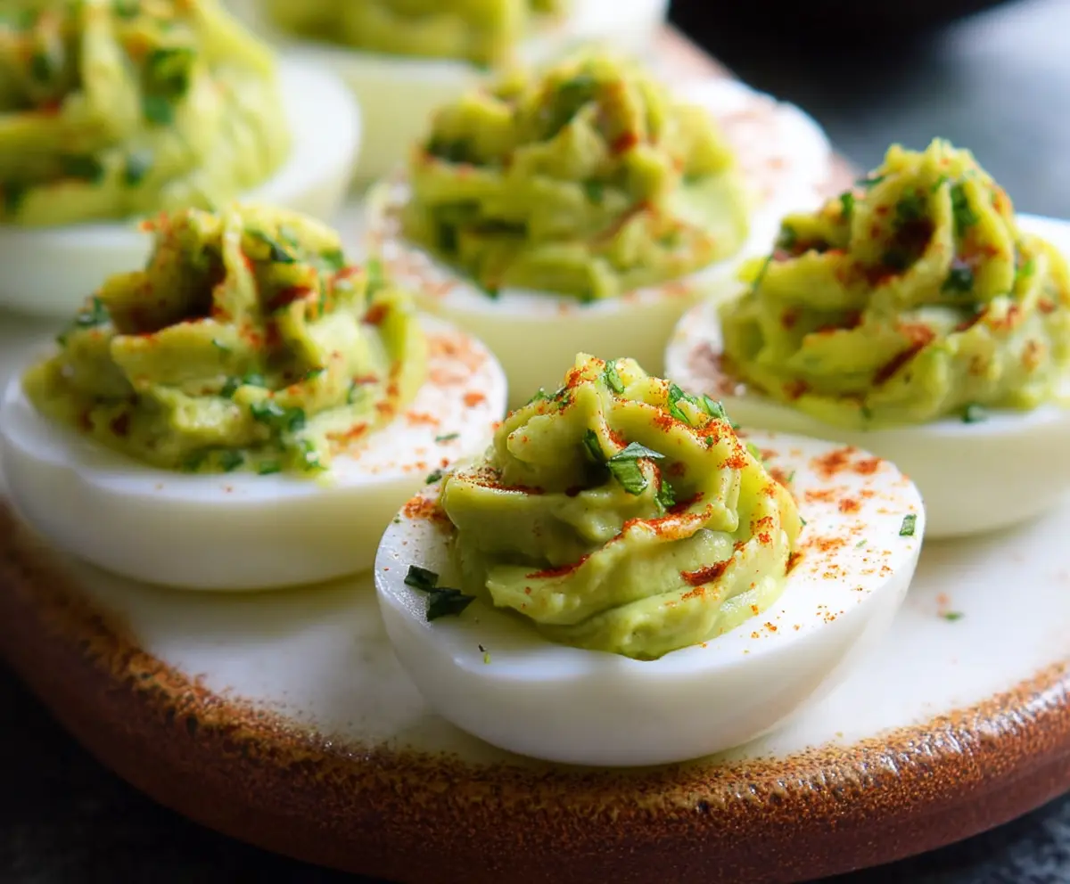 Creamy avocado deviled eggs garnished with fresh herbs on a white plate.
