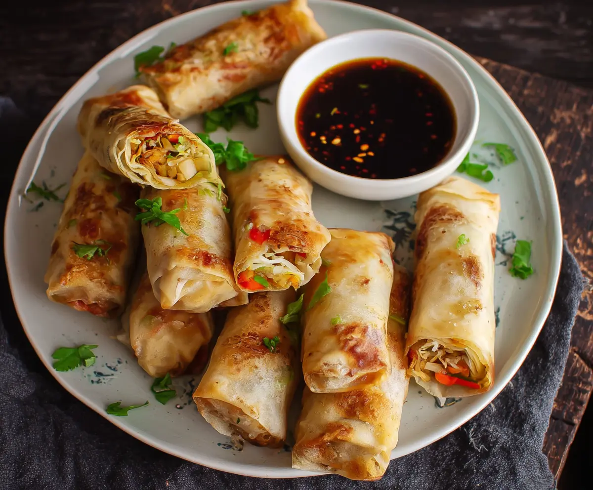 Crispy baked Chinese vegetable spring rolls served with dipping sauce on a plate.
