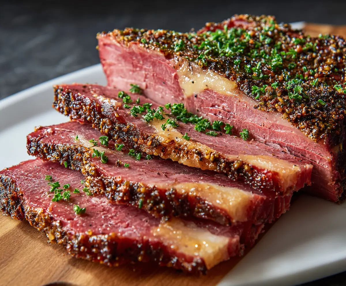 Delicious baked corned beef brisket served with herbs and vegetables