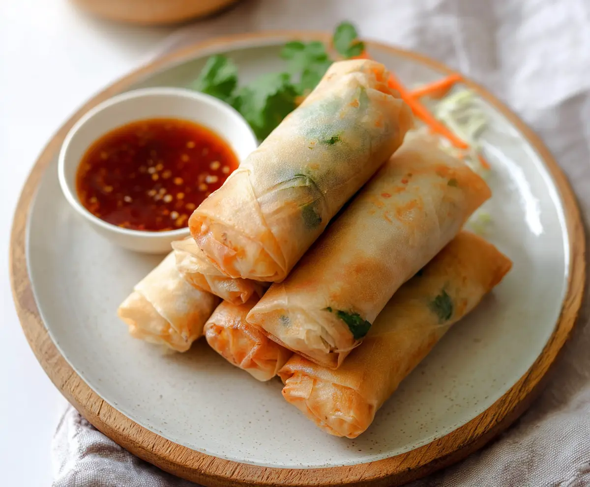 Fresh Bang Bang Vegetable Spring Rolls filled with colorful julienned vegetables and served with dipping sauce.