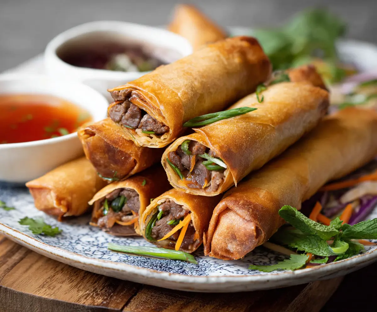 Crispy beef spring rolls filled with seasoned beef and vegetables, served with dipping sauce