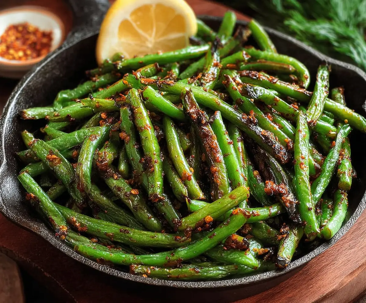 Delicious blackened green beans seasoned with spices on a rustic platter
