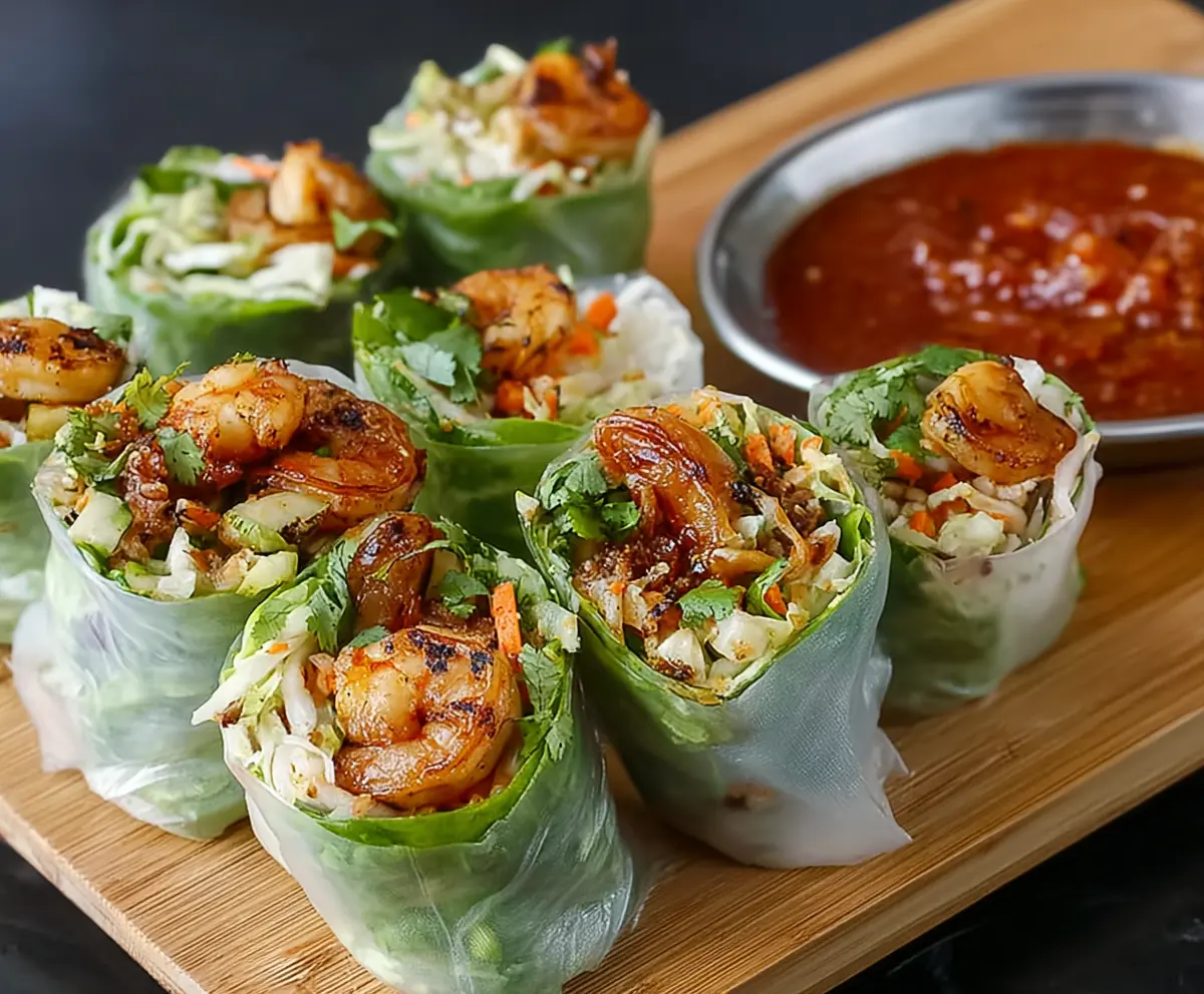 Delicious blackened shrimp spring rolls with fresh vegetables on a white plate