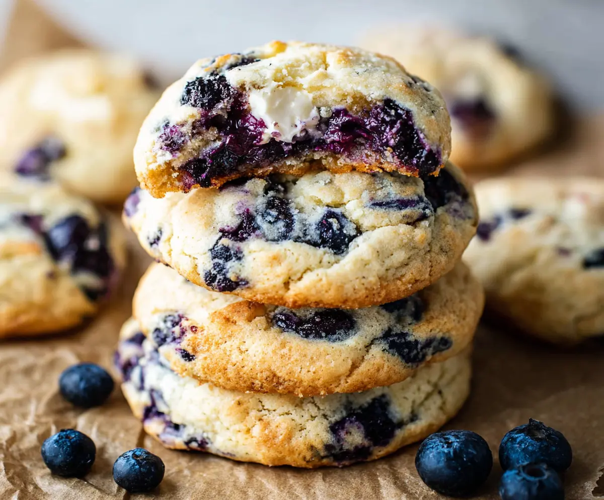 Delicious blueberry cheesecake cookies with a creamy filling and fruity topping.