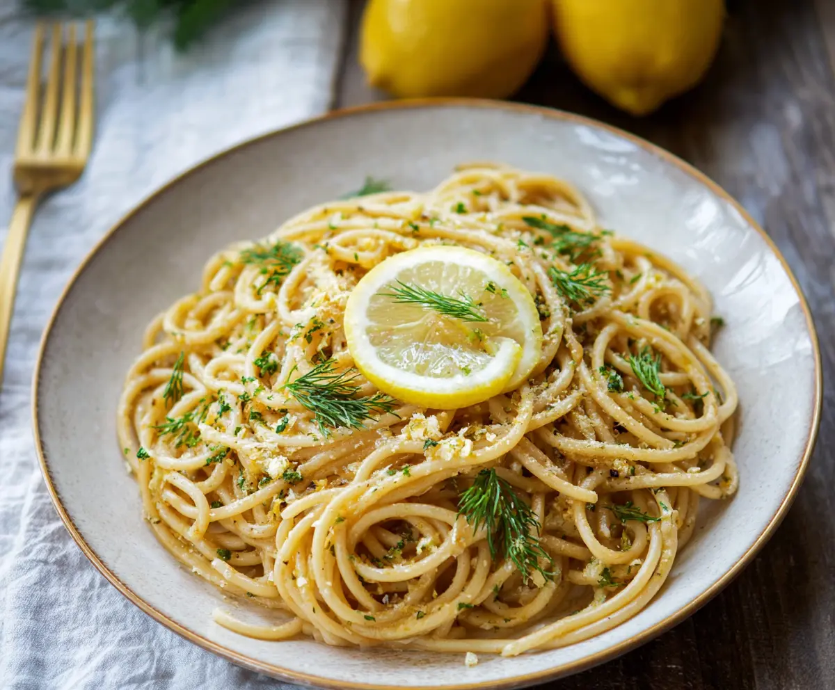 Creamy browned butter lemon dill pasta served in a white bowl with fresh herbs.