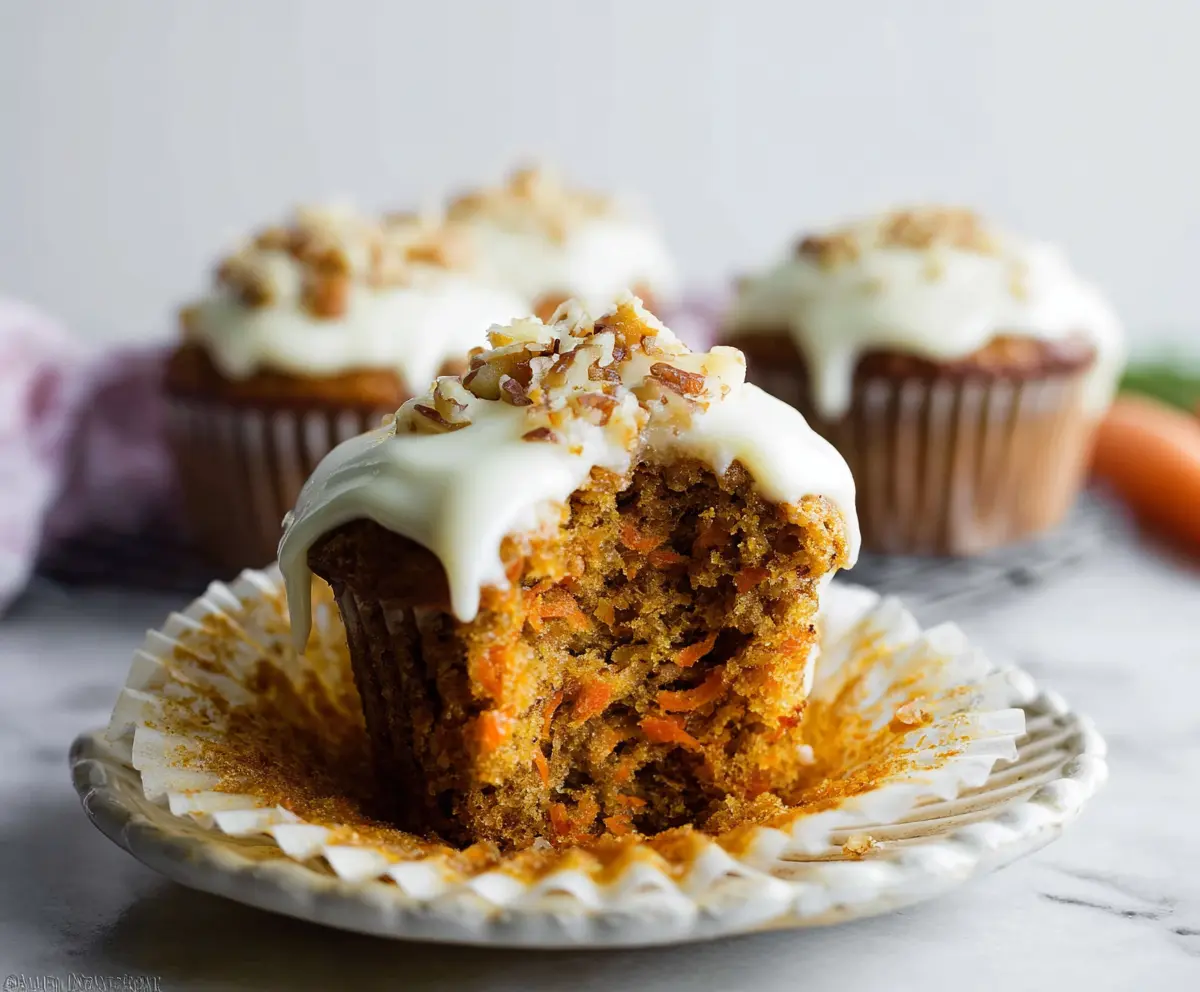 Delicious homemade carrot cake muffins with creamy frosting on top.
