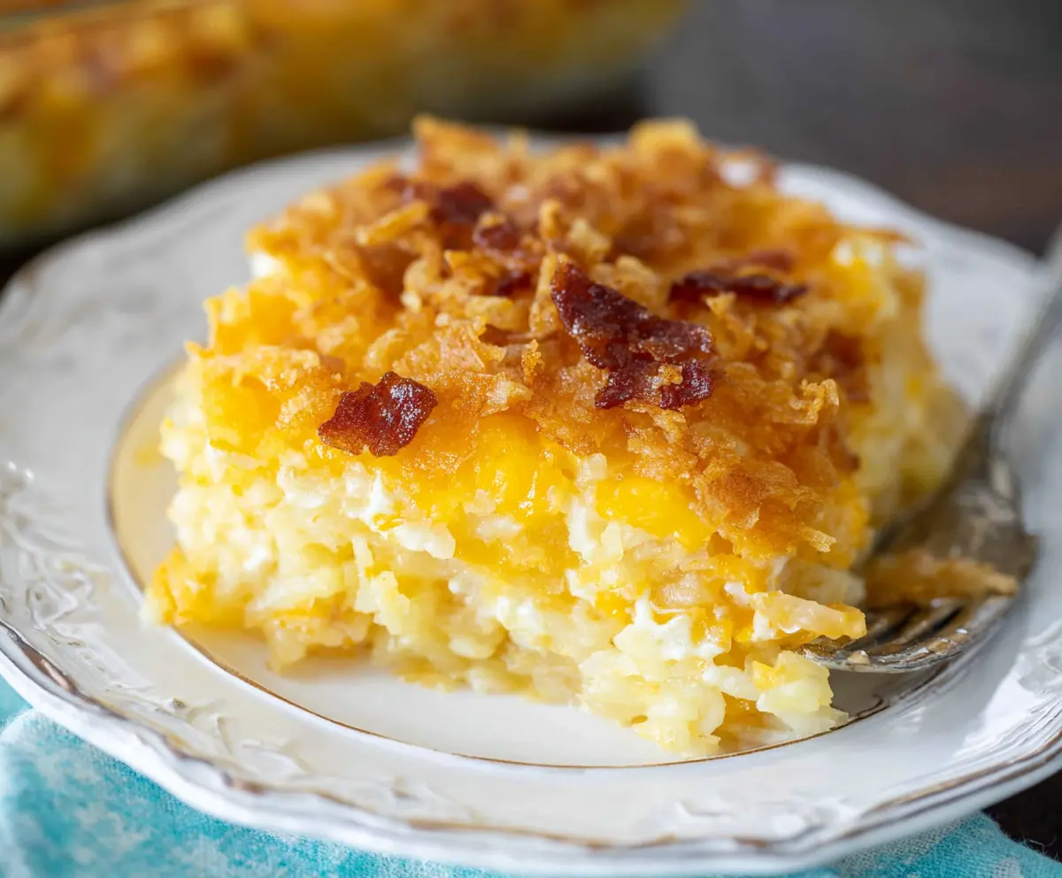Delicious cheesy hashbrown casserole topped with melted cheese and crispy edges, perfect comfort food for family dinners.