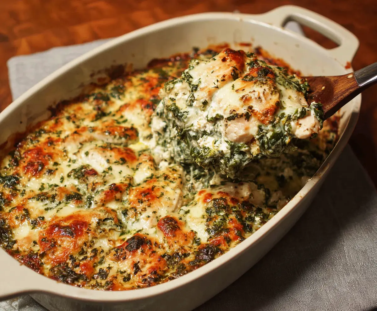 Delicious chicken and spinach casserole in a baking dish, perfect for a healthy dinner.