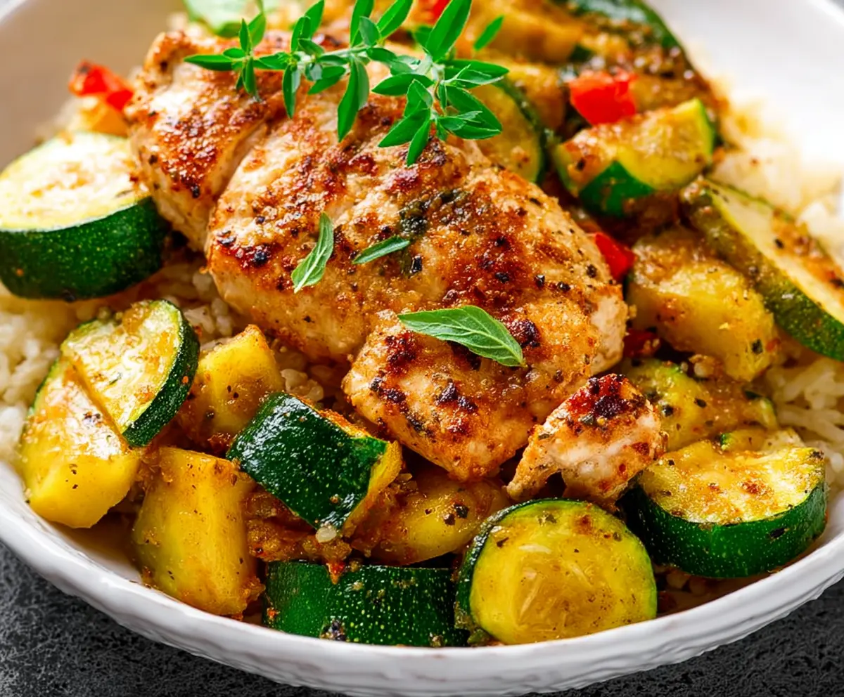 Healthy grilled chicken breast with fresh zucchini and squash on a plate.