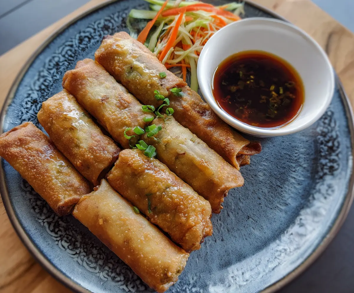 Crispy chicken lumpia served with dipping sauce on a plate