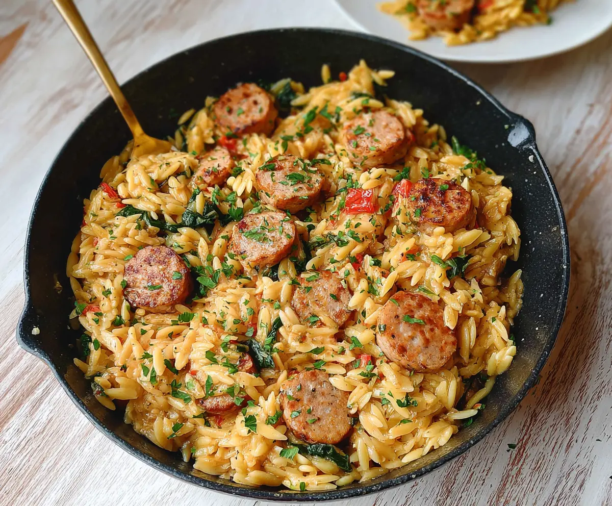 Delicious chicken sausage orzo skillet with fresh vegetables and herbs.
