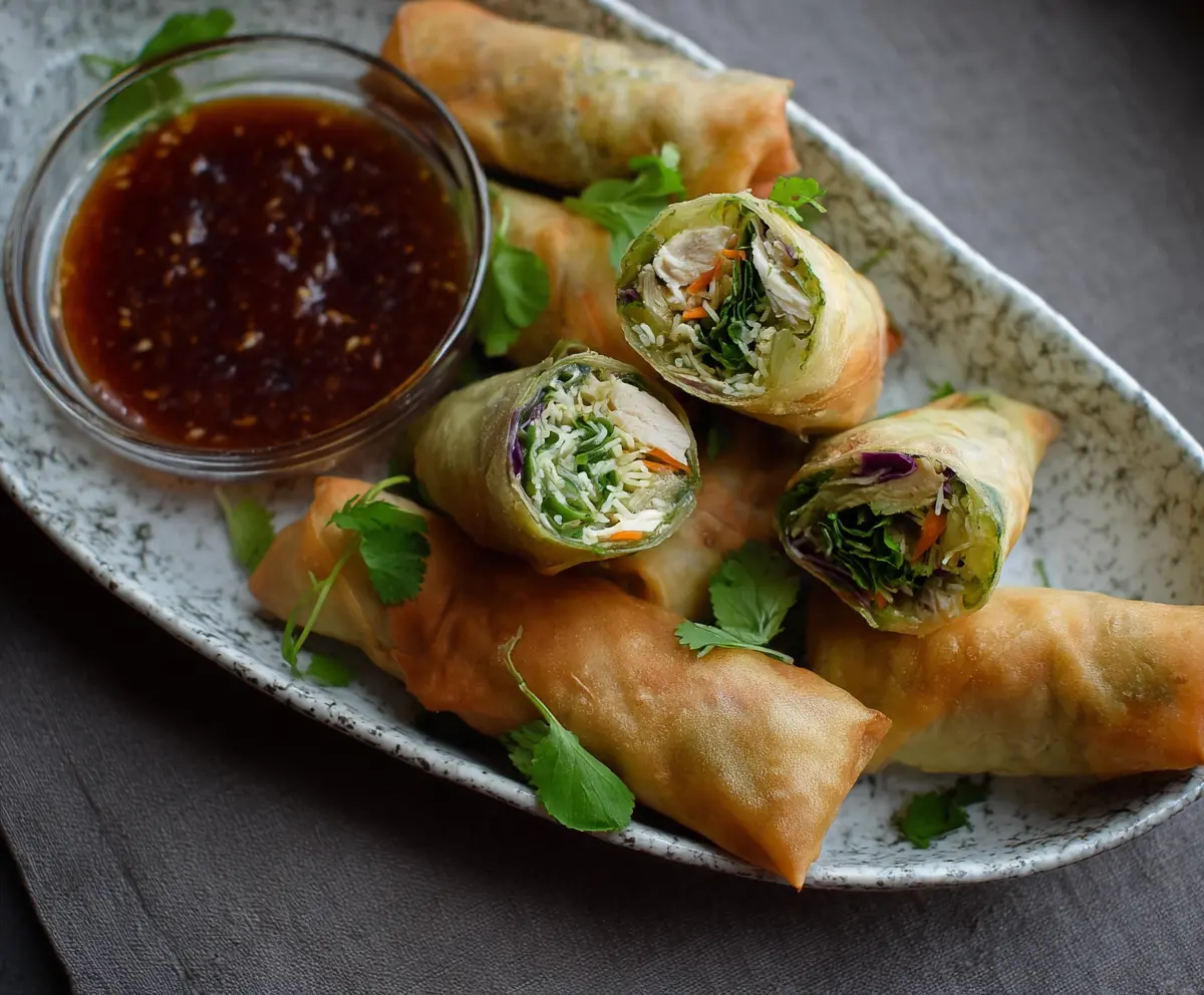 Fresh chicken vegetable spring rolls with colorful vegetables and crispy wrapper