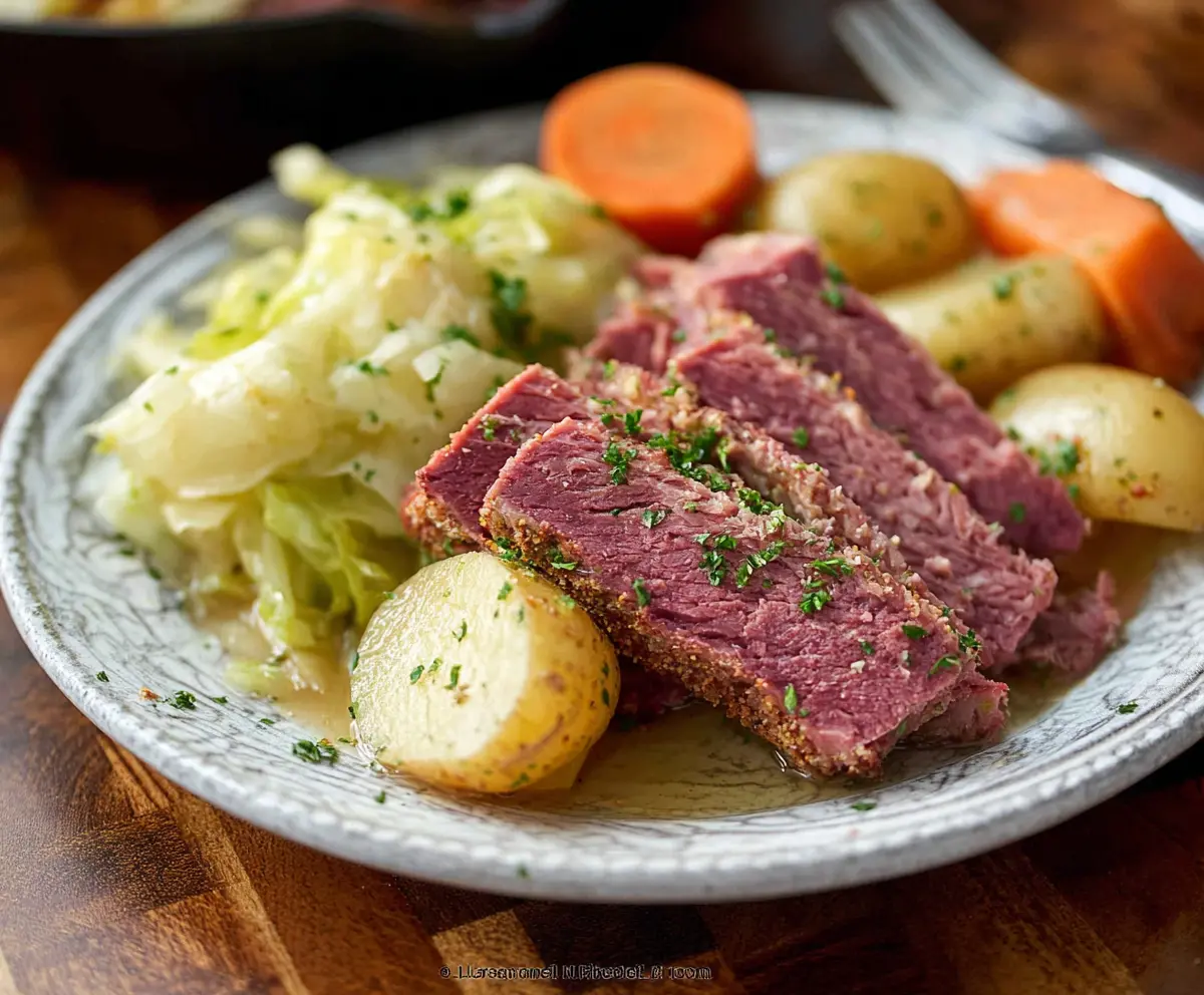Delicious homemade corned beef and cabbage served on a plate for a hearty meal.