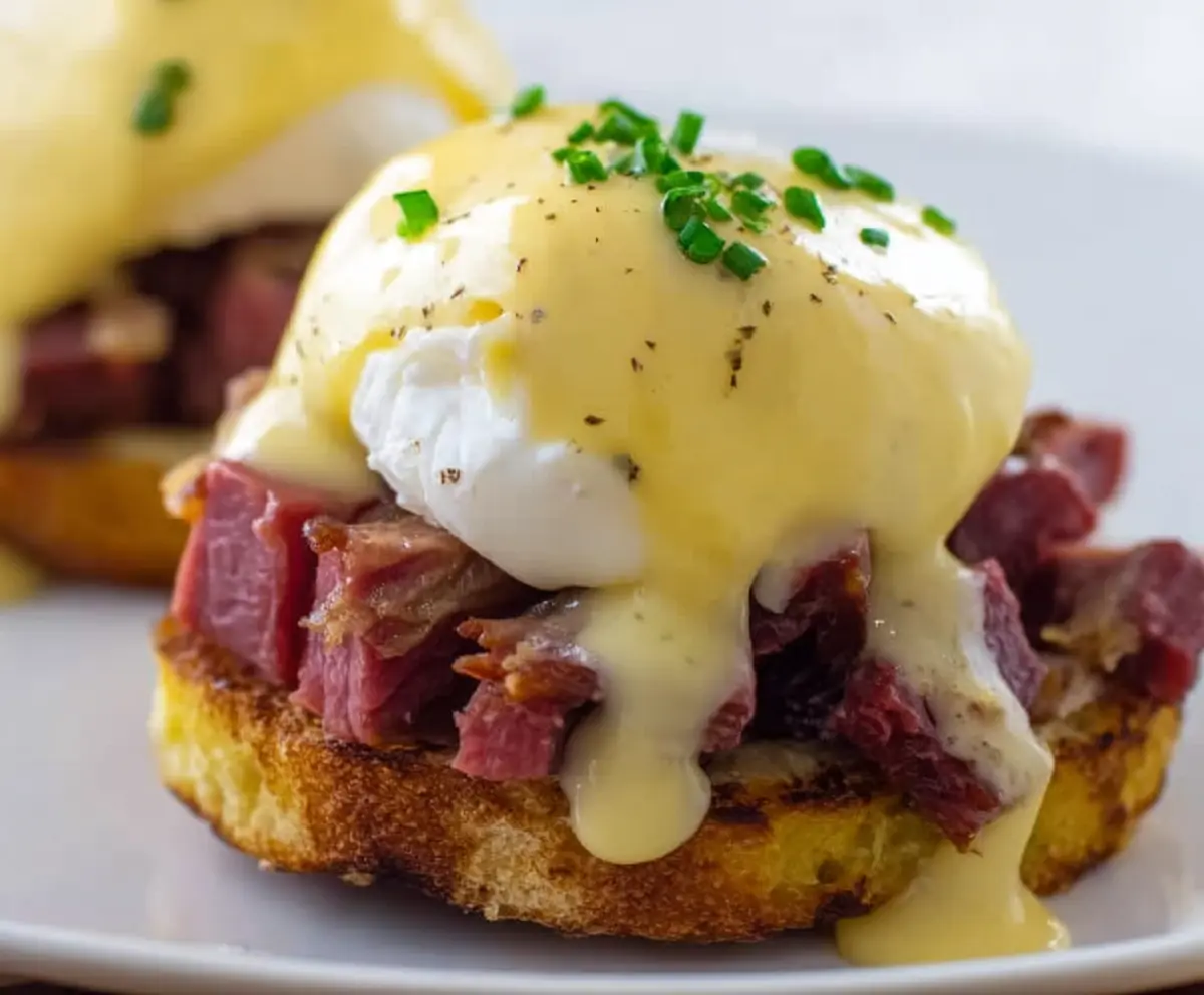 Delicious Corned Beef Hash Eggs Benedict served with fresh hollandaise sauce on a white plate.