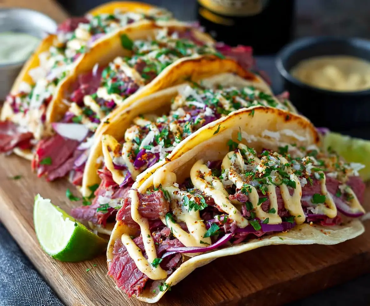 Delicious corned beef tacos topped with fresh vegetables and cheese, ready to serve.