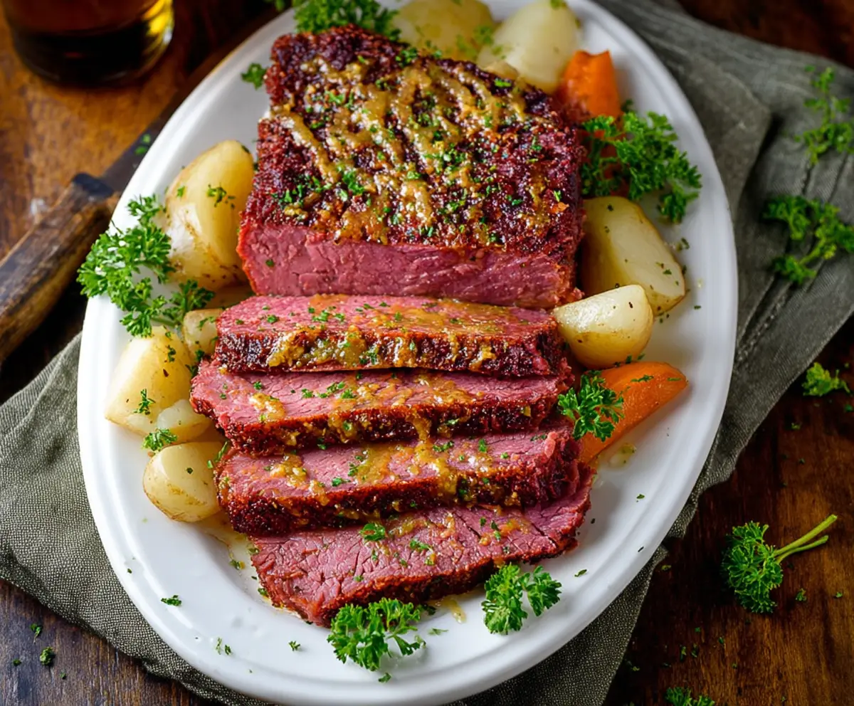 Delicious corned beef with a shiny mustard glaze, perfect for a hearty meal.
